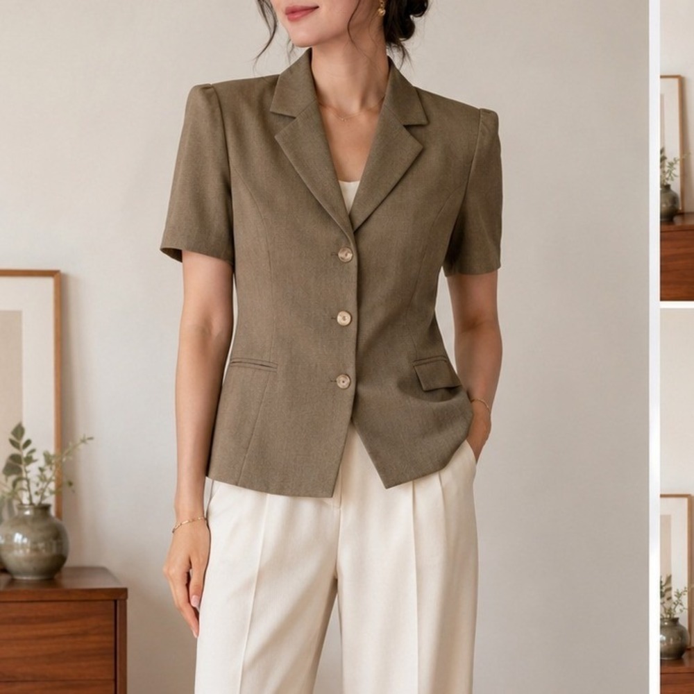 The Tengs Garments Co Women Olive Wool Blend Short Sleeve Blazer Jacket Size M